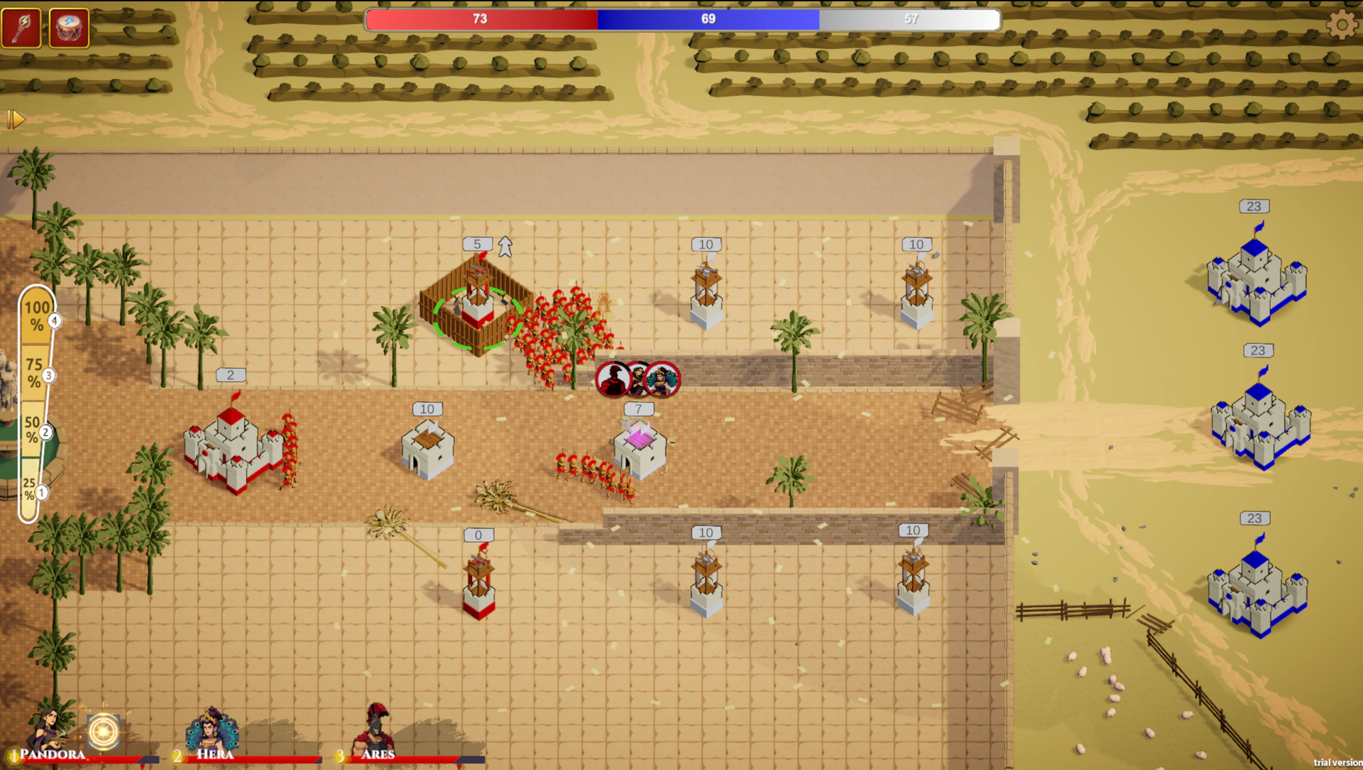 A hero contests structures on a canyon battlefield